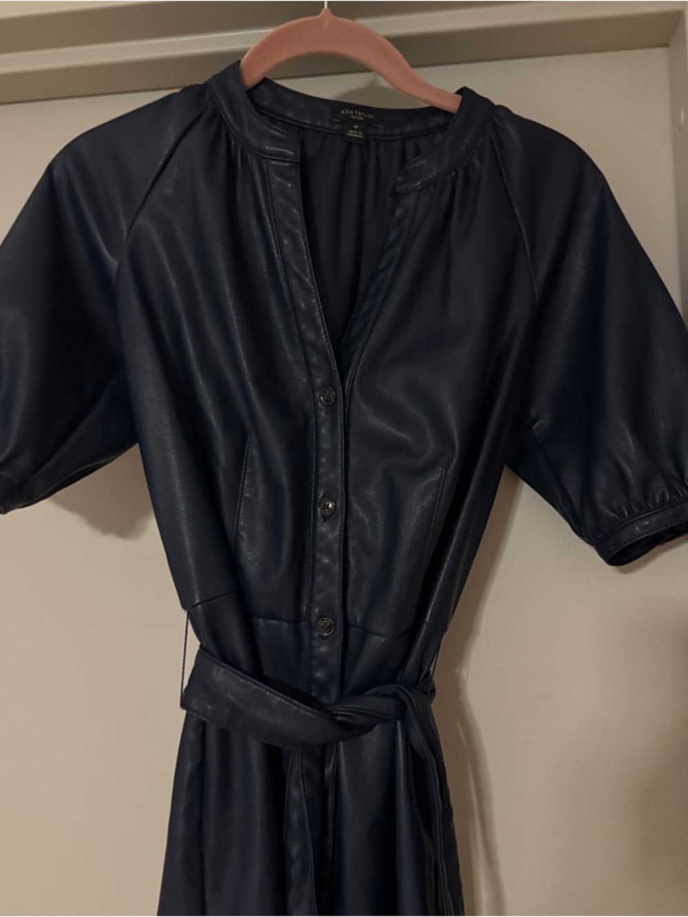 Ann Taylor Navy Button-Front Faux Leather Midi Dress with Tie Belt - Picture 5 of 6
